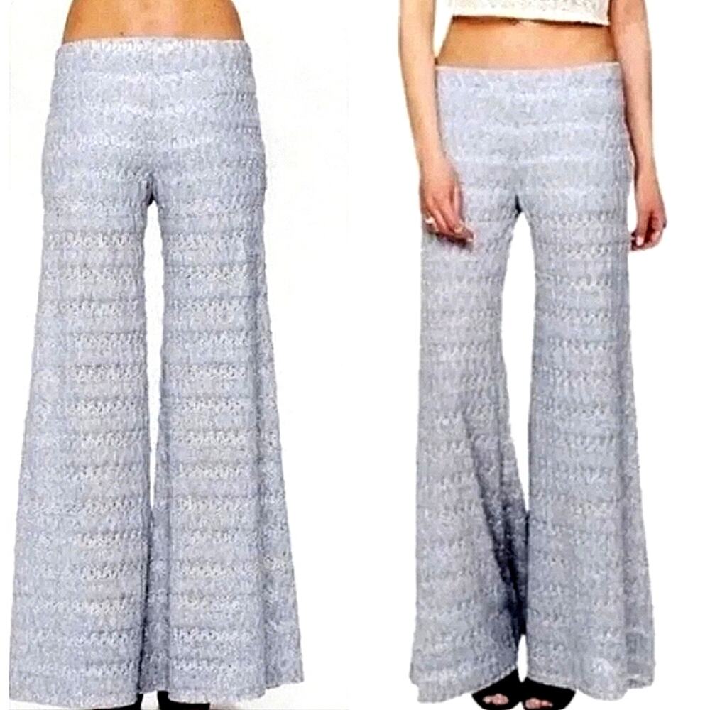 Light Gray Wide-Leg Crochet Pants